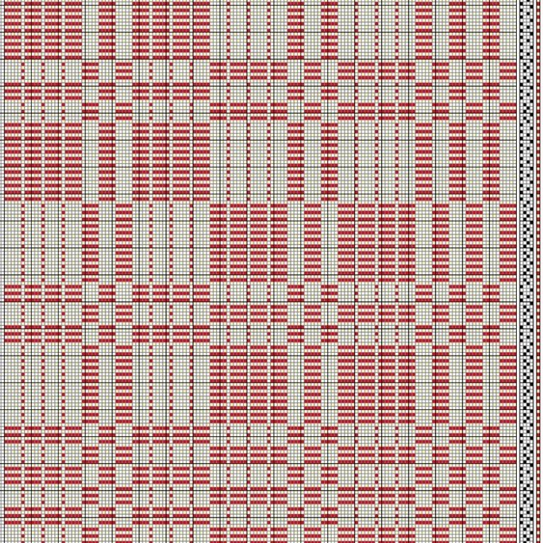 Bindimunstru fyrir hálfdregil á fjögur sköft og fjögur skammel. Notaður er bindiþráður á löngum köflum