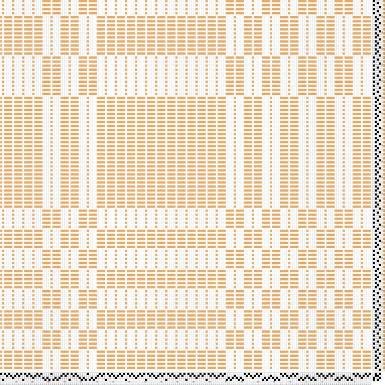 Bindimunstur fyrir hálfdregil á fjögur sköft og fjögur skammel. Bindiþráður er notaður á löngum köflum