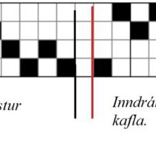 Formúla fyrir hafaldainndrátt fyrir hálfdregil sem sýnir notkunn bindiþráða. Nauðsynlegt er að nota bindiþráð þar sem munsturkaflinn nær yfir margar rúður en honum má sleppa á kaflaskilum