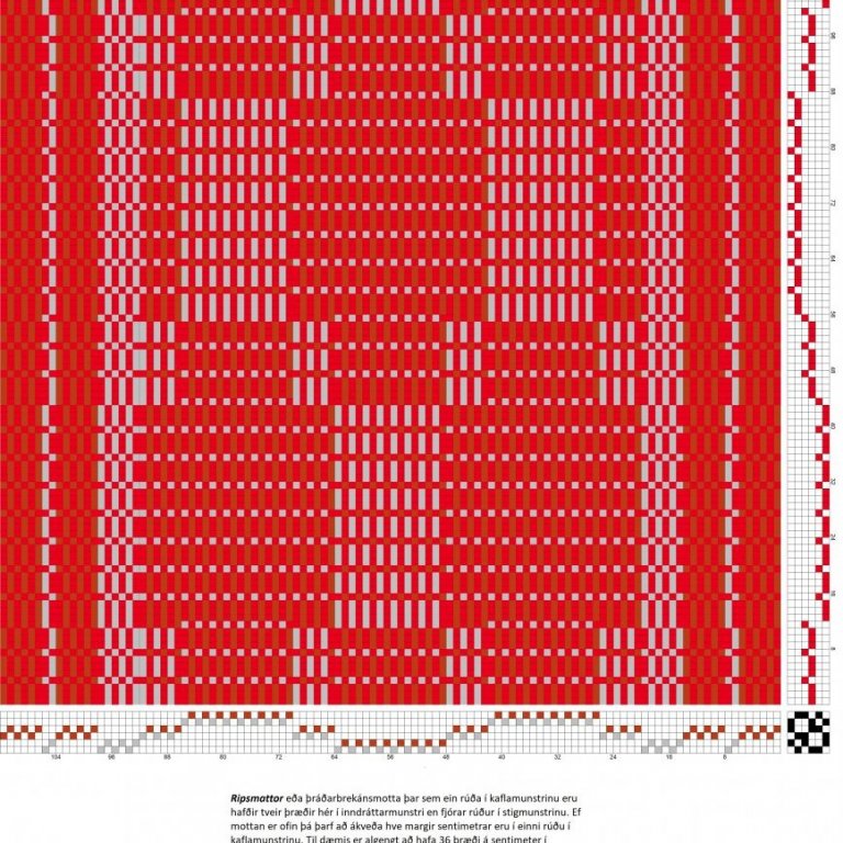 Bindimunstur fyrir munstrað þráðarbrekán. Hér er sýnishorn af inndráttarmunstur en ekki búið að ákveða þráðarfjölda í hverri rúðu samkvæmt kaflamunstrinu næst á undan.
