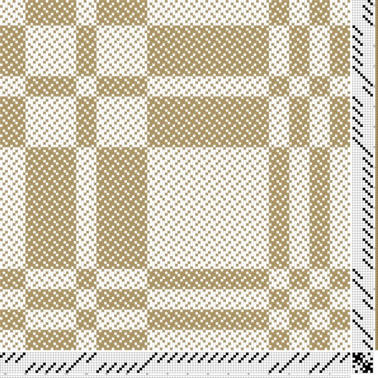 Inndráttar- og stigmunstur fyrir kaflaskipt vaðmál á átta sköft og átta skammel. Uppbinding víxlað, kaflaskipt vaðmál