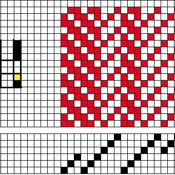 Lagnröndótt kafla- og inndráttarmunstur fyrir kaflaskipt vaðmál á sex sköft og þrjú skammel.