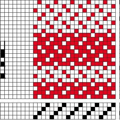 Þverröndótt kafla- og inndráttarmunstur fyrir kaflaskipt vaðmál á fjögur sköft og átta skammel.