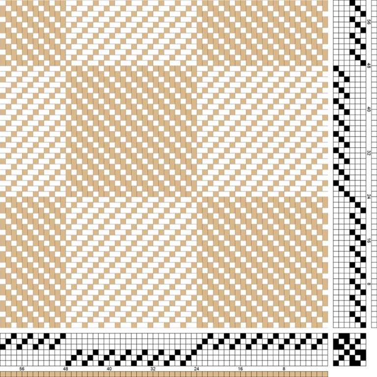 Inndráttar- og stigmunstur fyrir kaflaskipt vaðmál á sex sköft og sex skammel. Beinn inndráttur og beint stig.