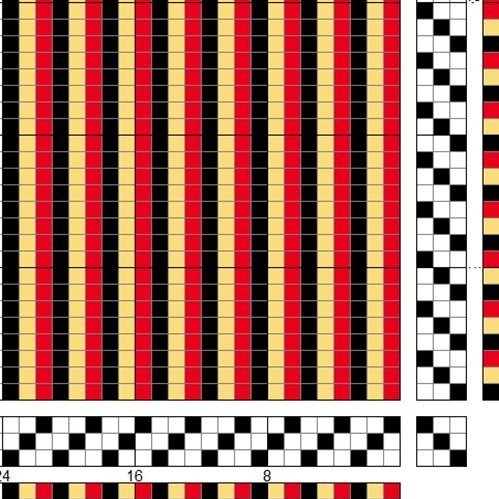 Litaflétta í einskeftu með þrem litum til skiptis og þrem sköftum og skammelum.