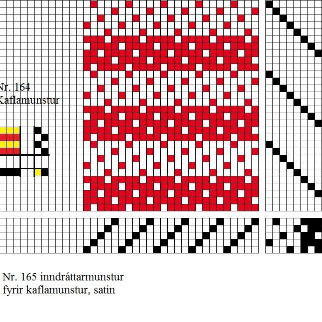 Skýringarmynd og grunnbindimunstur fyrir kaflaskiptan, þverröndóttan ormeldúk á fimm sköft og 10 skammel