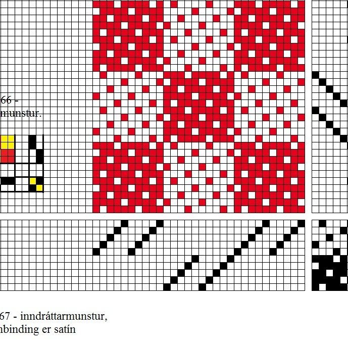 Skýringarmynd og grunnbindimunstur fyrir kaflaskiptan, kaflaskiptan ormeldúk á 10 sköft og 10 skammel