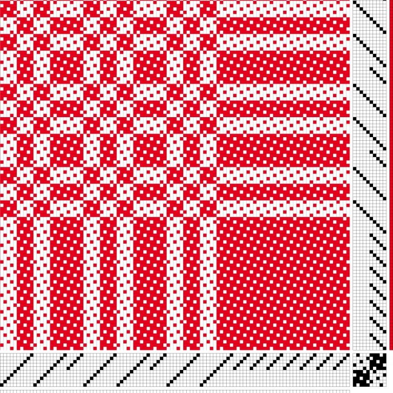 Inndráttar-, uppbindi- og stigmunstur fyrir kalfaskiptan ormeldúk á 10 sköft og 10 skammel