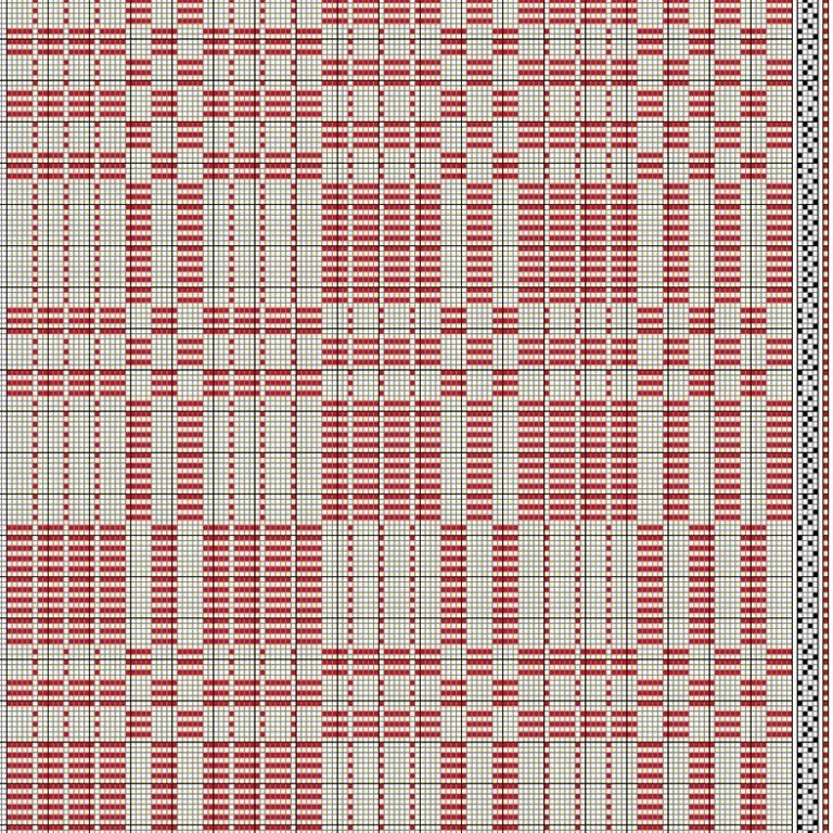 Color draft for halvdrall (overshot) on 4 shafts and 4 treadles. Binding threads are used in the long blocks.