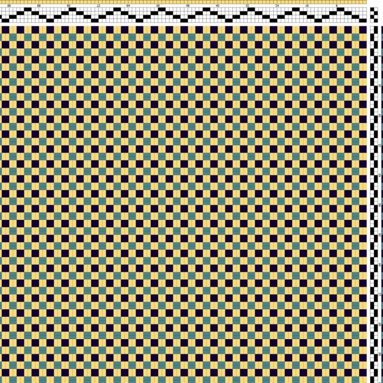 Color draft for basket weave with reverse repeat, solid-colored warp and two-colored weft.