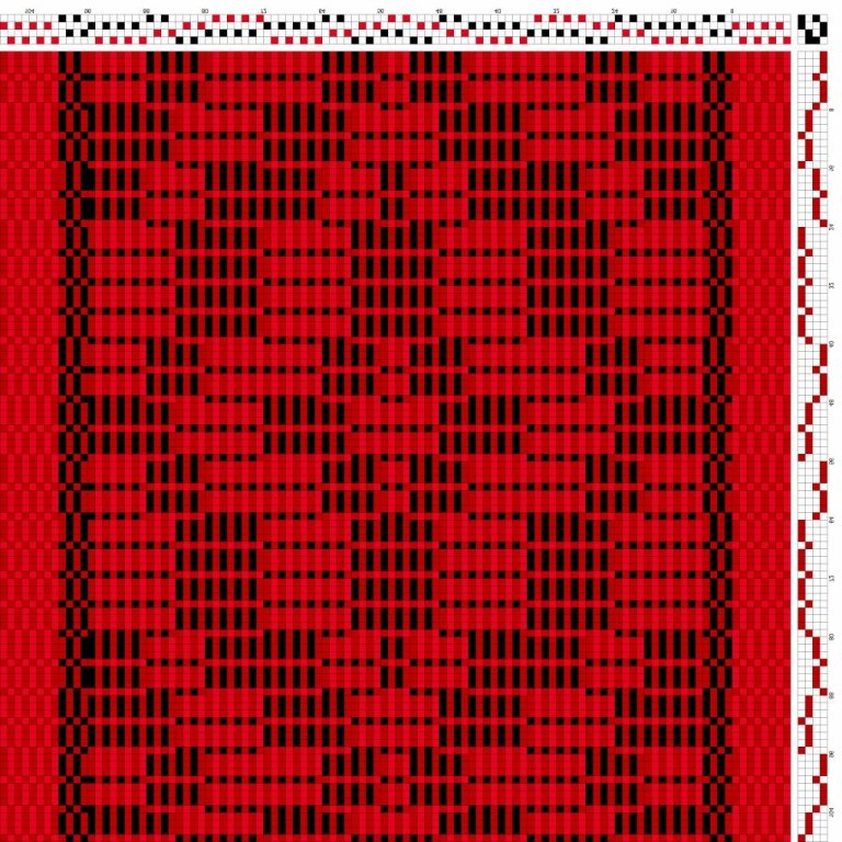 Draft for a patterned warp rip. This is an example of a draft, the number of warp ends per square has not been determined according to the following block pattern draft.