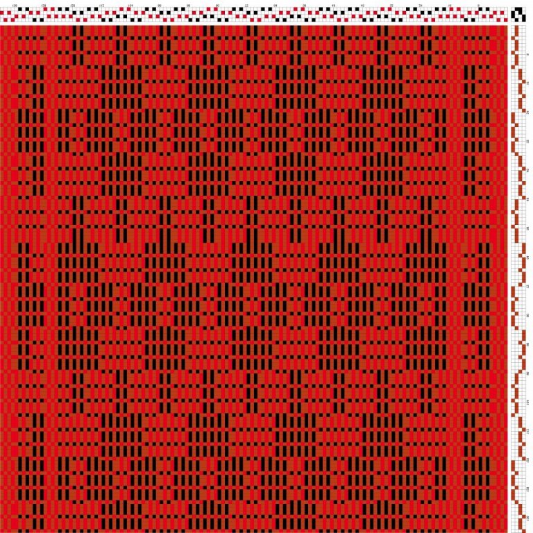 Draft for a patterned warp rip. This is an example of a draft, the number of warp ends per square has not been determined according to the following block pattern draft. There could be between 12-40 ends per square, depending on the thickness of the warp.