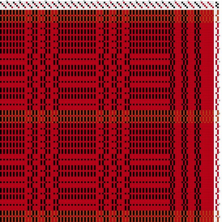 Draft for a patterned warp rip. This is an example of a draft, the number of warp ends per square has not been determined according to the following block pattern draft.