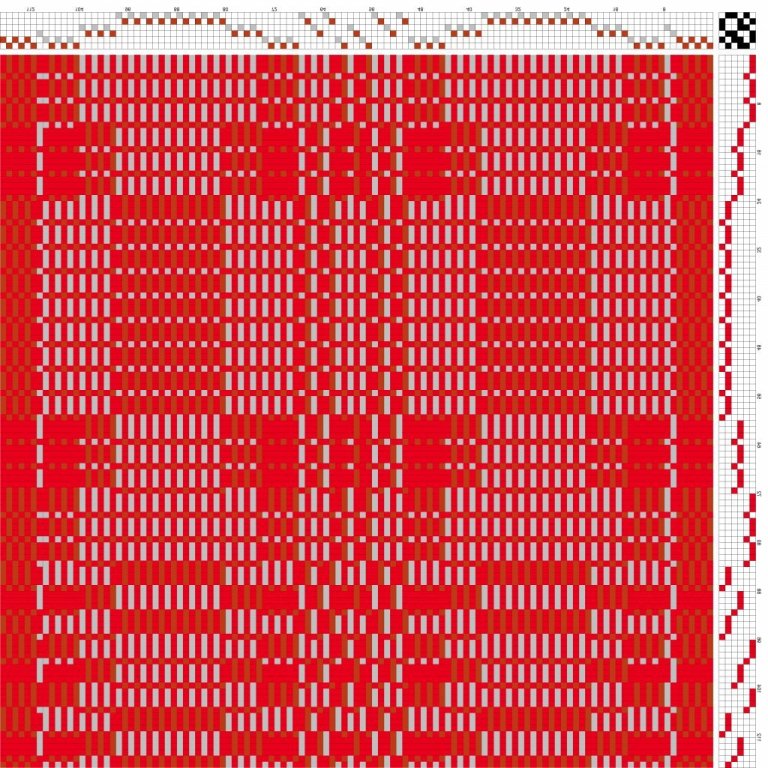 Draft for a patterned warp rip. This is an example of a draft, the number of warp ends per square has not been determined according to the block pattern draft.
