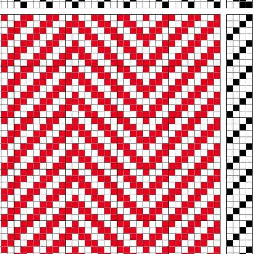 Chevron twill on 4 shafts and 4 treadles, reverse repeat threading.