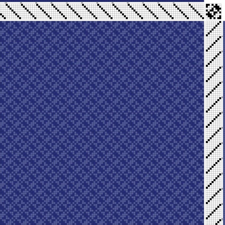 Color draft of twill on 8 shafts and 8 treadles with straight draw threading and treadling.