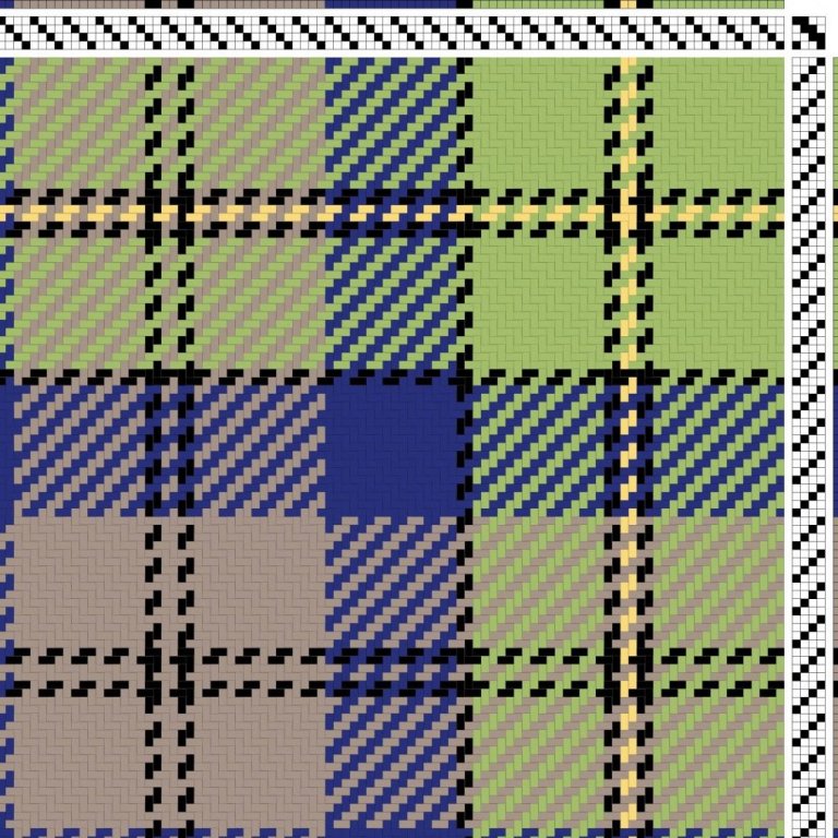 Color draft for twill on 4 shafts and 4 treadles. Straight draw threading and treadling.