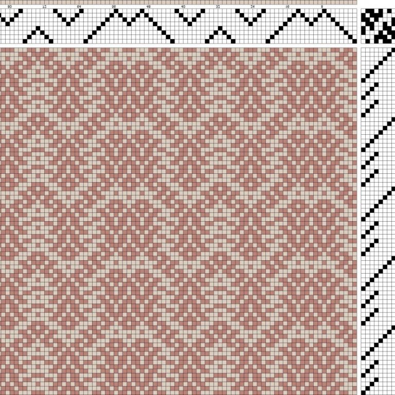 Color draft for twill on 8 shafts and 8 treadles with broken reverse repeat threading.