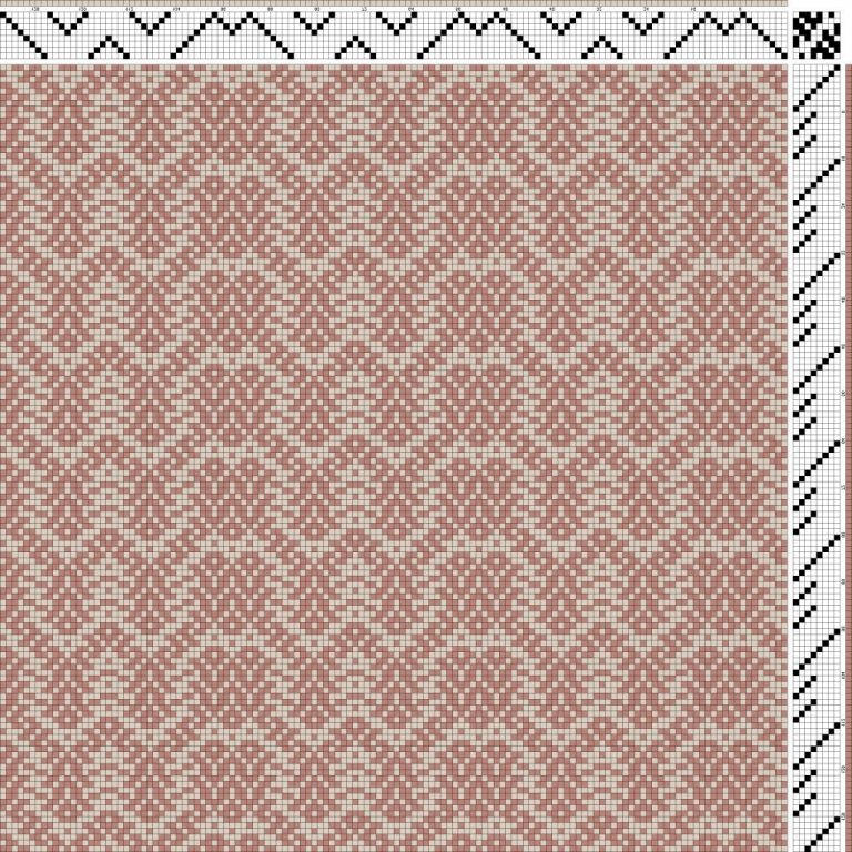 Color draft for twill woven on 8 shafts and 8 treadles with broken reverse repeat threading.
