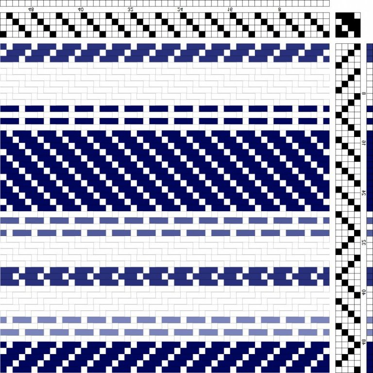 Color draft for twill on 4 shafts and 4 treadles, reverse repeat treadling.