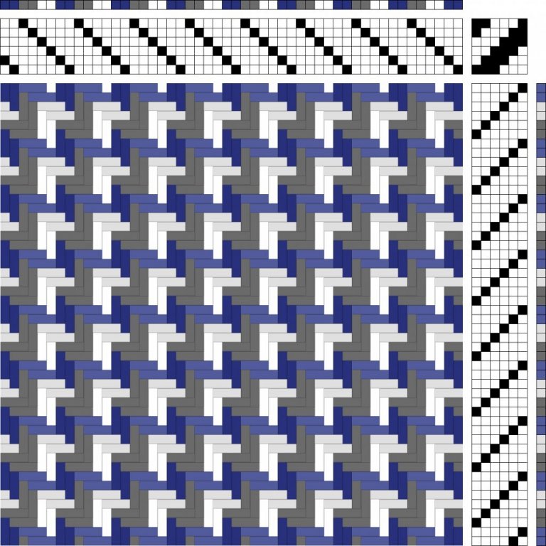 Color draft for twill on 6 shafts and 6 treadles, color effect weave.