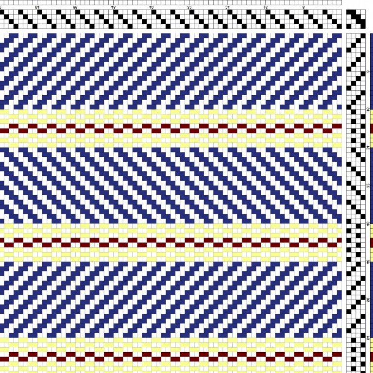 Color draft for 2/2 twill on 4 shafts and 4 treadles.