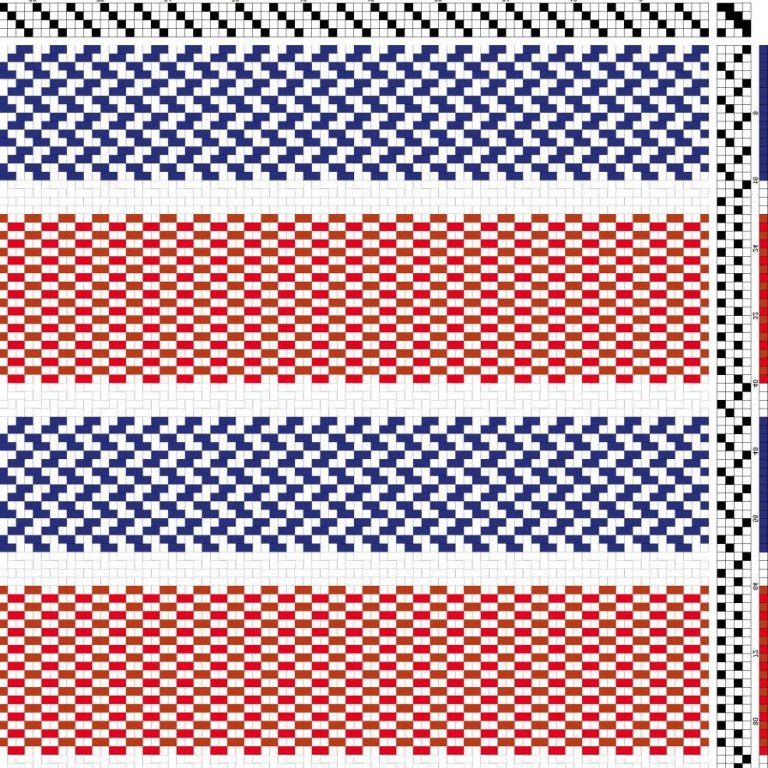 Color draft for 2/2 twill on 4 shafts and 4 treadles.