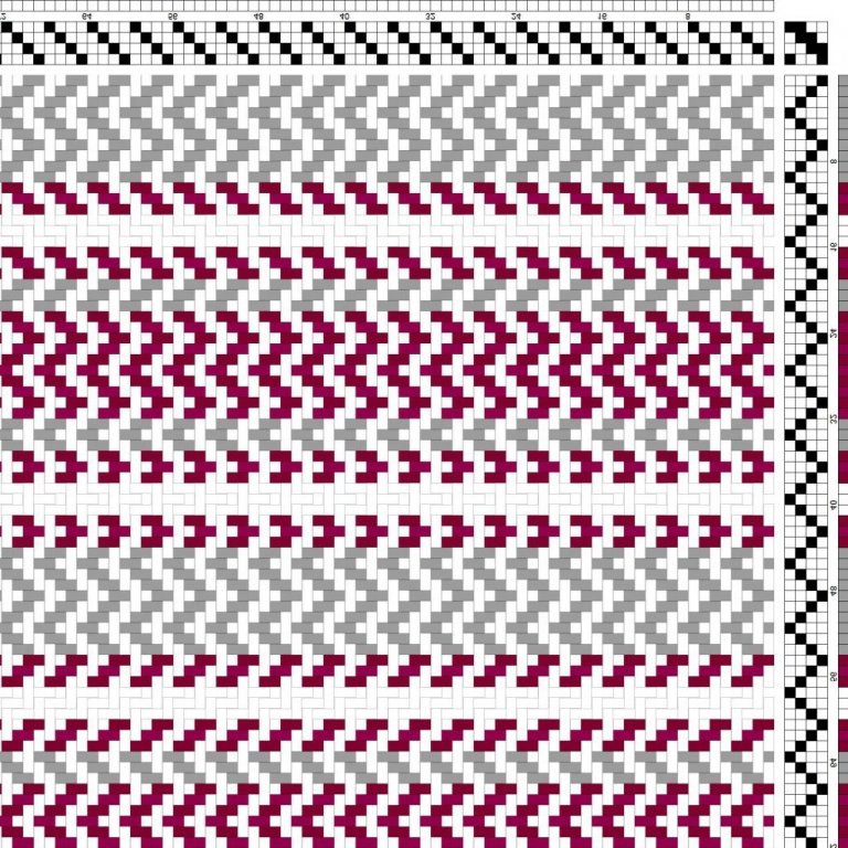 Color draft for 2/2 twill on 4 shafts and 4 treadles, straight draw threading and reverse repeat treadling.