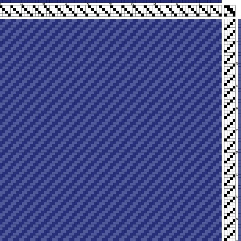 Color draft for 2/2 twill blanket woven on 4 shafts and 4 treadles with straight draw threading and treadling.