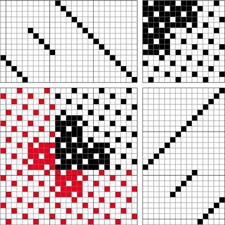 Basic draft for a patterned block-reversed satin on 15 shafts and 15 treadles. Worked as a 3-block pattern.