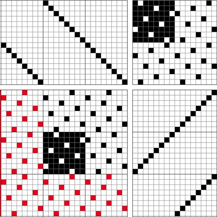 Basic draft for patterned satin on 16 shafts and 16 treadles.