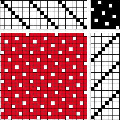 Weft-faced satin on 8 shafts and 8 treadles. The move number is 3.