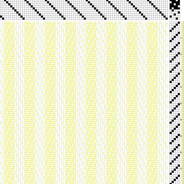 Color draft for satin with vertical stripes on 10 shafts and 5 treadles. Alternating between weft-faced and warp-faced. Can be used for dishtowels, etc.