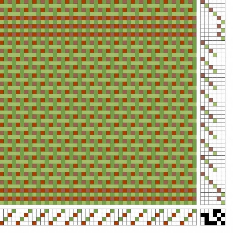 Pokavoð á fjögur sköft og fjögur skammel, einskeftuvend á bæði borð en voðin vefst alveg í hring og tengist einungis á jöðrum