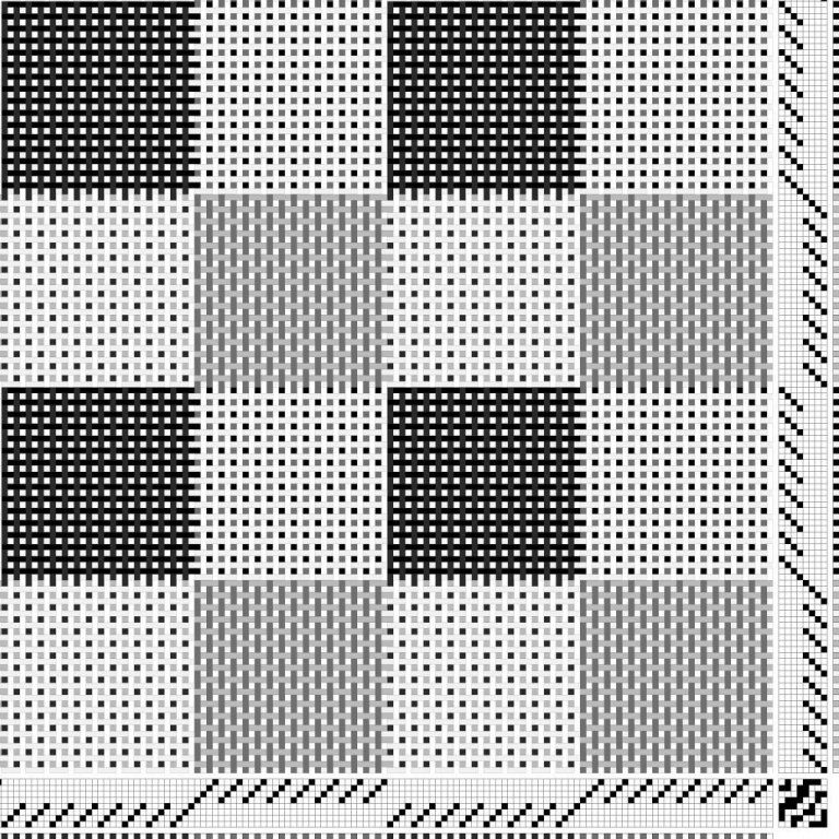 Tvöfaldur, kaflaskiptur vefnaður á átta sköft og átta skammel, inndráttar-, uppbindi- og stigmunstur