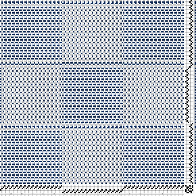 Kaflaskipt tvöföld binding á sex sköft og sex skammel sem er upplagður í mottuvefnað. Inndráttar-, uppbindi- og stigmunstur