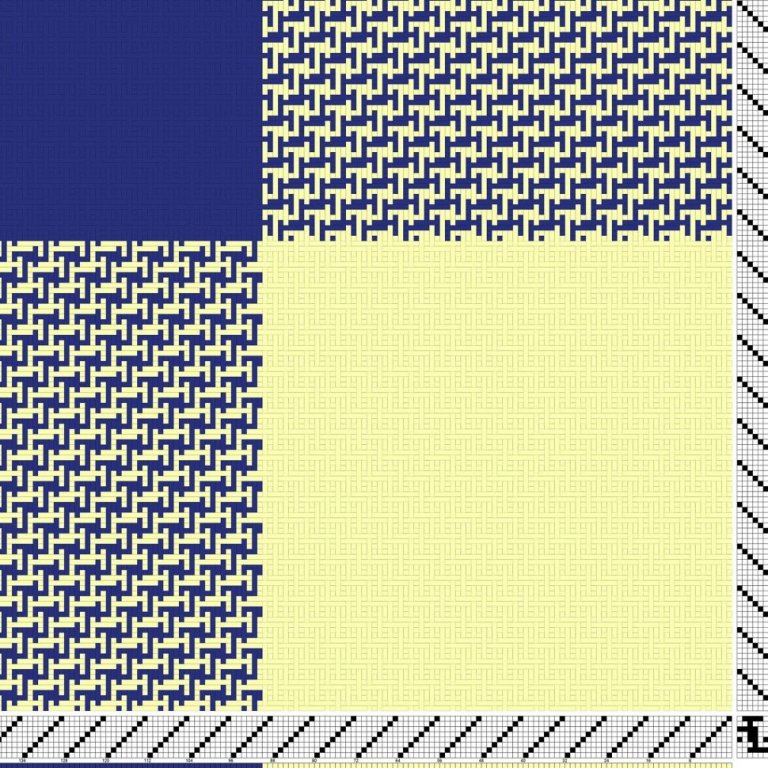 Tvöfaldur, kaflaskiptur vefnaður á átta sköft og átta skammel, inndráttar-, uppbindi- og stigmunstur