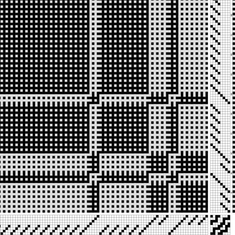 Tvöfaldur, kaflaskiptur vefnaður á átta sköft og átta skammel, inndráttar-, uppbindi- og stigmunstur