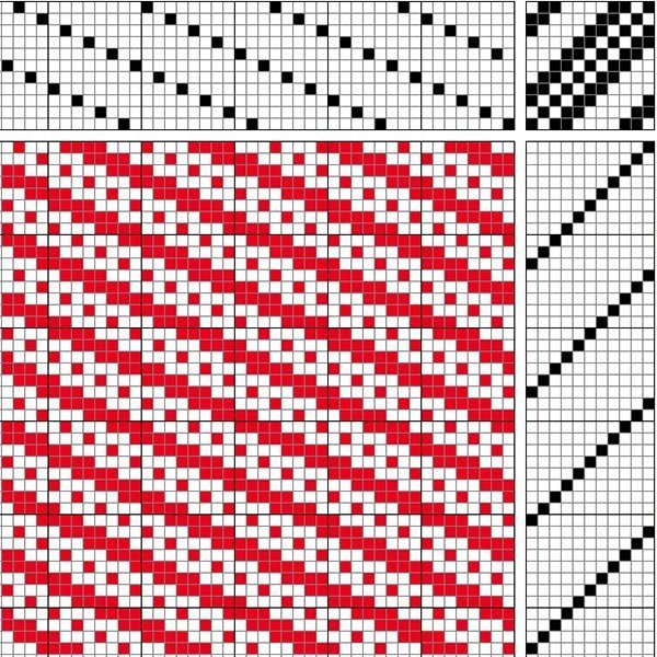 Twill on 11 shafts and 11 treadles, irregular (jumping) threading and straight treadling.