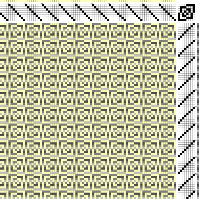 Color draft for twill variation (crepe) on 8 shafts and 8 treadles.