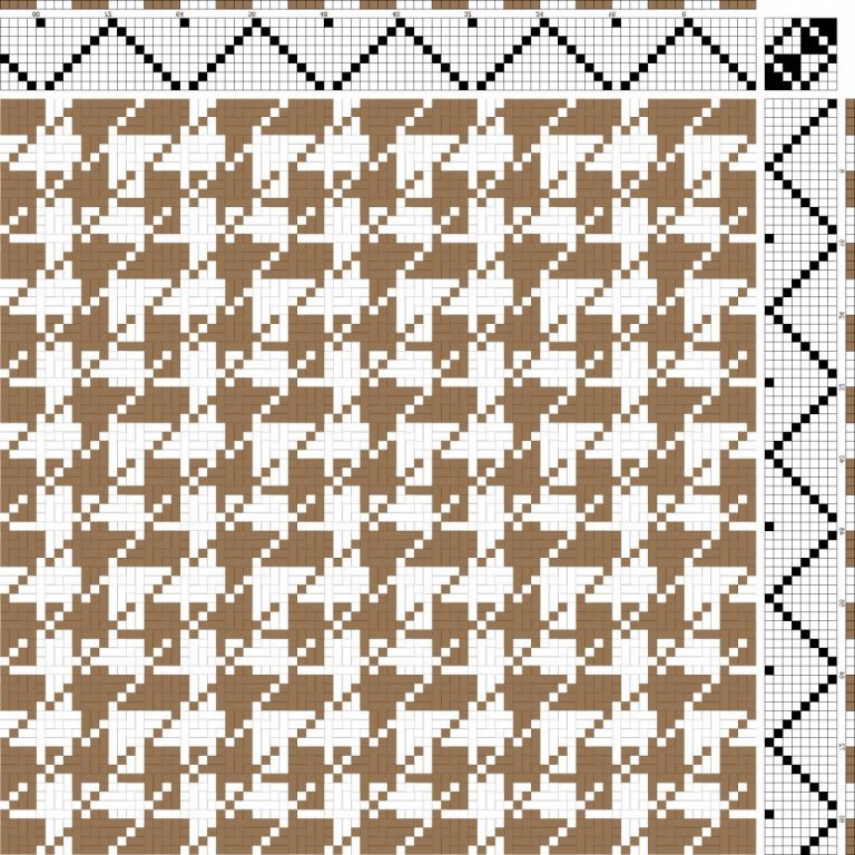 Color draft for twill variation (crepe) on 8 shafts and 8 treadles with rosepath threading and treadling.