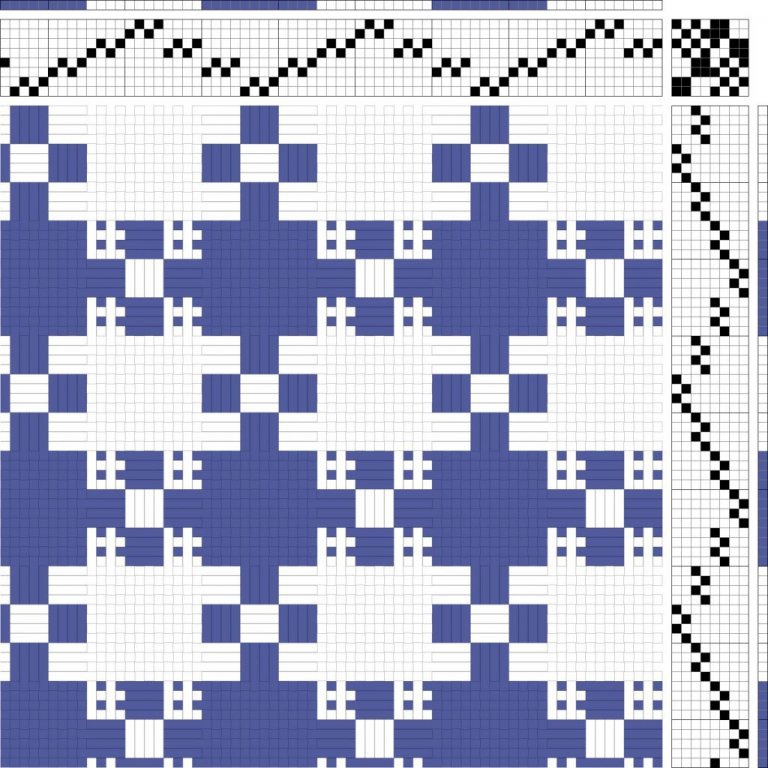 Color draft for twill variation (crepe) on 8 shafts and 8 treadles.