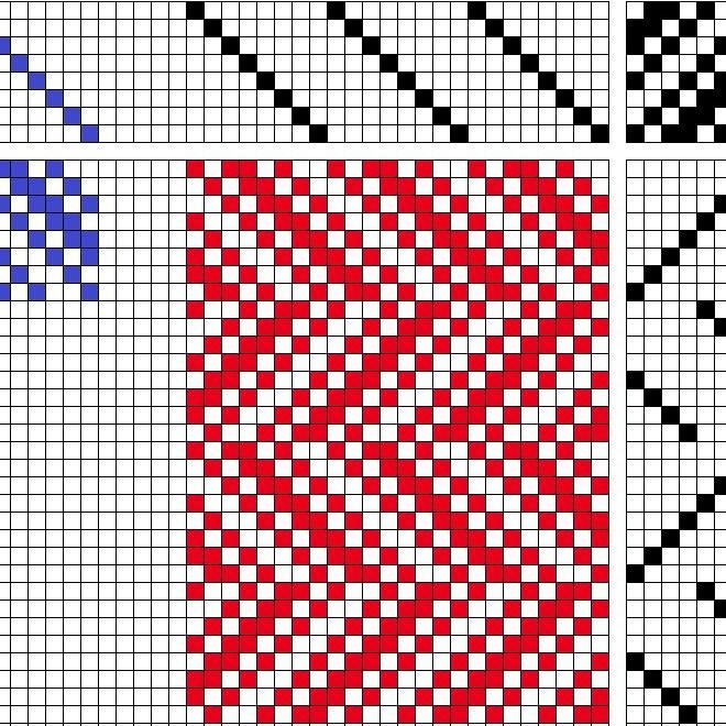 Pointed twill variation on 8 shafts and 8 treadles. Straight threading and staggered treadling.