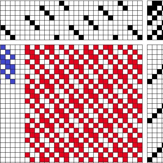 Twill on 8 shafts and 8 treadles with staggered threading and straight treadling.