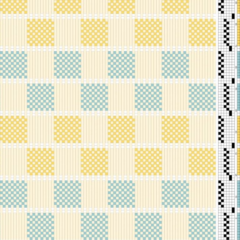 Bindi- og litamunstur fyrir einfalda gerð af kniplingamunstri á fjögur sköft og sex skammel