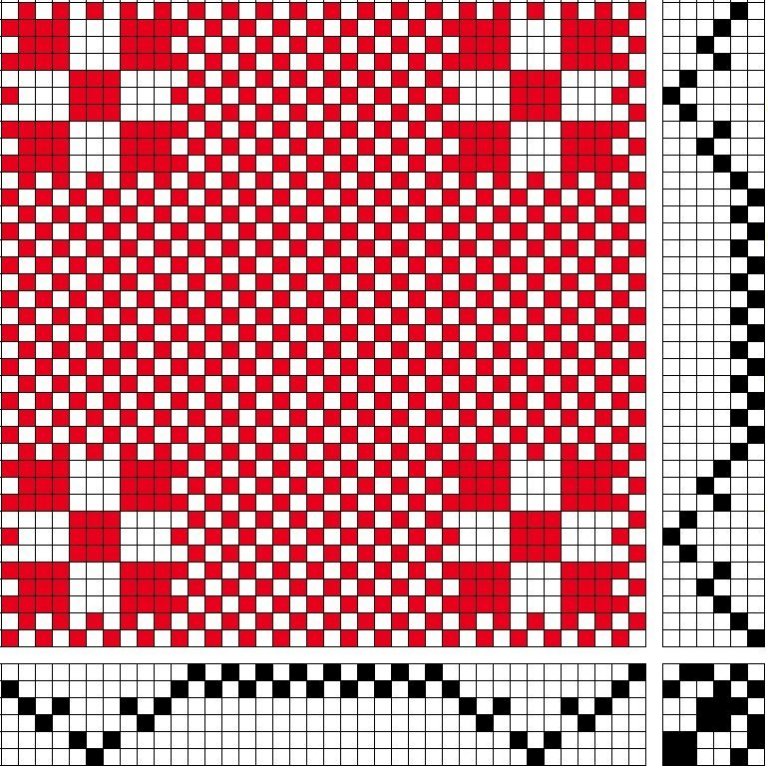 Grunnbindimunstur fyrir sprangdregil á sex sköft og sex skammel. Tvö fyrstu hafaldasköftin og tvö fyrstu skammelin eru fyrir einskeftuna sem vefst inn á milli sprangkaflanna sem þurfa tvö skammel hvor kafli