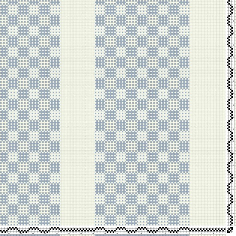 Langröndótt bindimunstur í tveim litum á fjögur sköft og fjögur skammel, ofið í sprangdregli og einskeftu