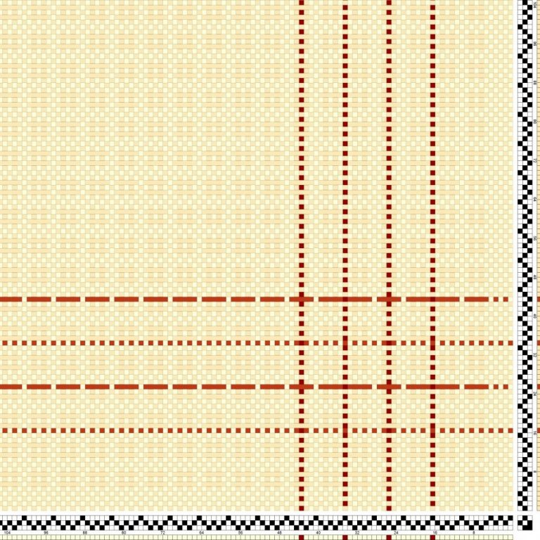 Bindimunstur og litamunstur fyrir efni í kóngulóarvefnaði á þrjú sköft og þrjú skammel