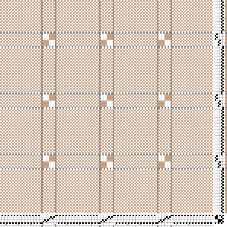 Samsett binding á sex sköft og sex skammel. Litamunstur með inndráttar-, uppbindi- og stigmunstri