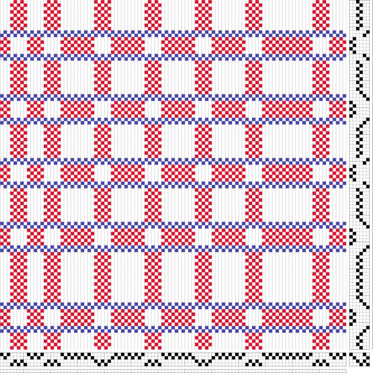 Inndráttar-, uppbindi- og stigmunstur fyrir kniplingavefnað. Þarf frekar gróft band
